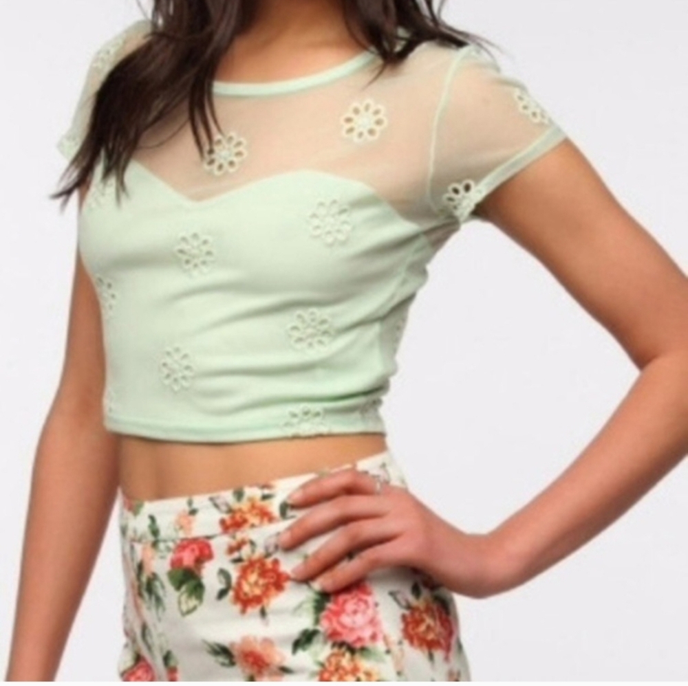 UO PINS & NEEDLES mint green mesh top
